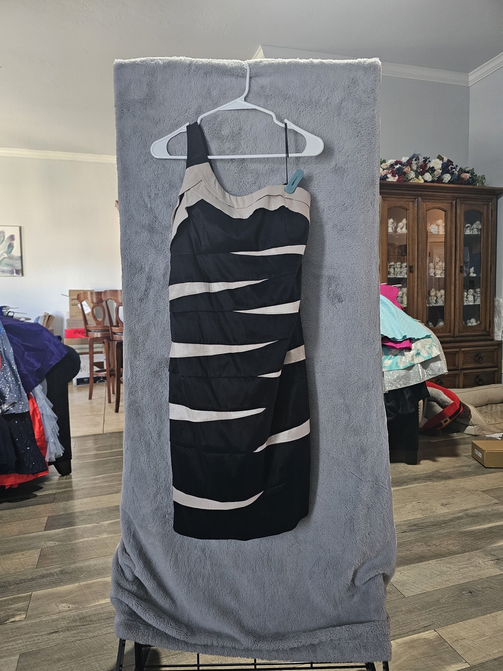 Scarlett Nite Black and Cream One-Shoulder Striped Cocktail Dress
